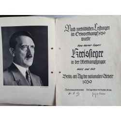 Hitler youth certificate district winner 1939 ,Double leaf with portrait of the Fuhrer