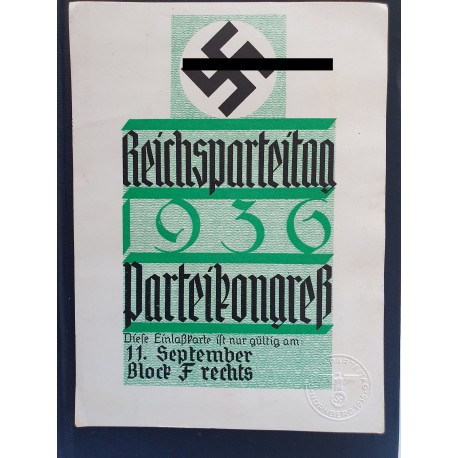 REICHS PARTEITTAG 1936 - Admission card 11.Sep.1936 PARTY CONGRESS